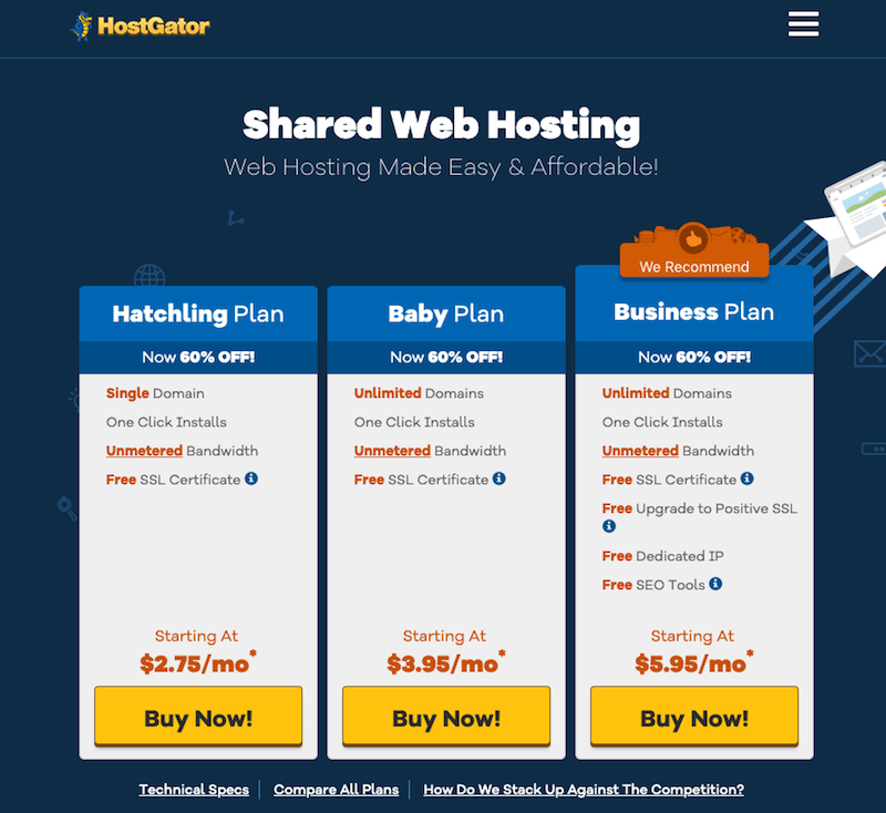 hostgator shared web hosting pricing plan